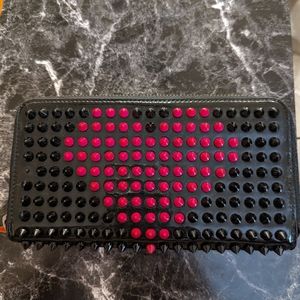 EUC Christian Louboutin Zippy Wallet Studded Black with Pink Heart Design